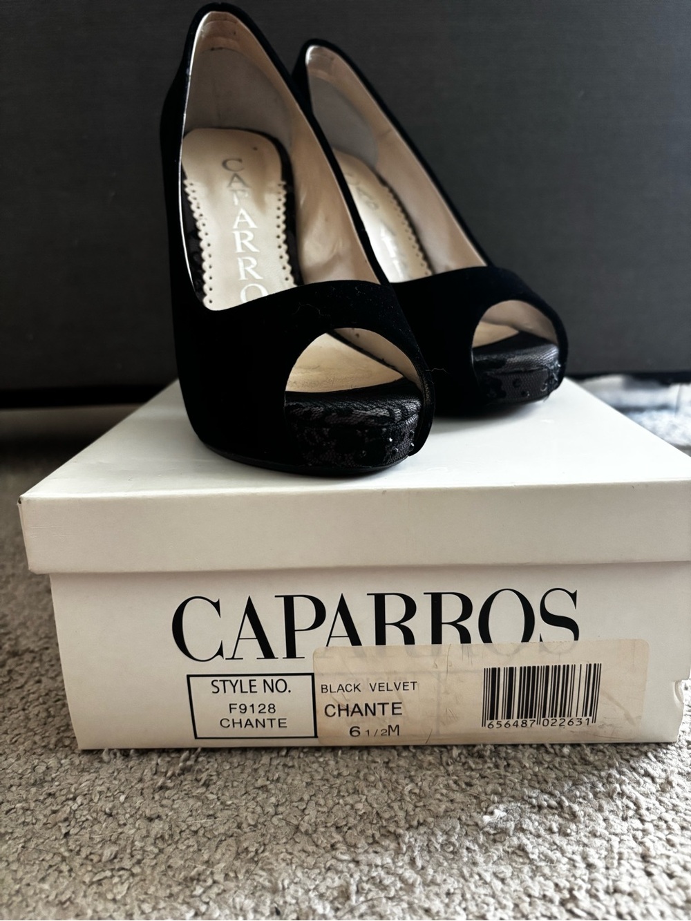 Caparros Chante Black Velvet Peep-Toe Stiletto Pumps with Lace Detail